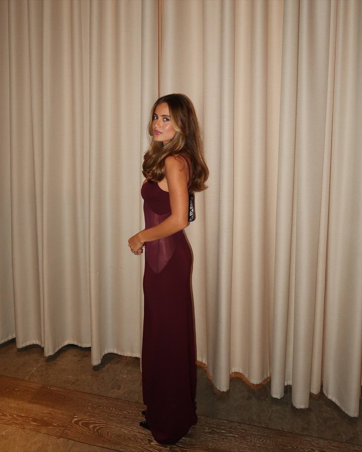 Burgundy Sheer Panel Cami Gown
