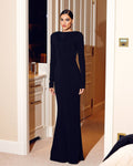 Black Long-Sleeve Open-Back Buckle-Embellished Mermaid Gown
