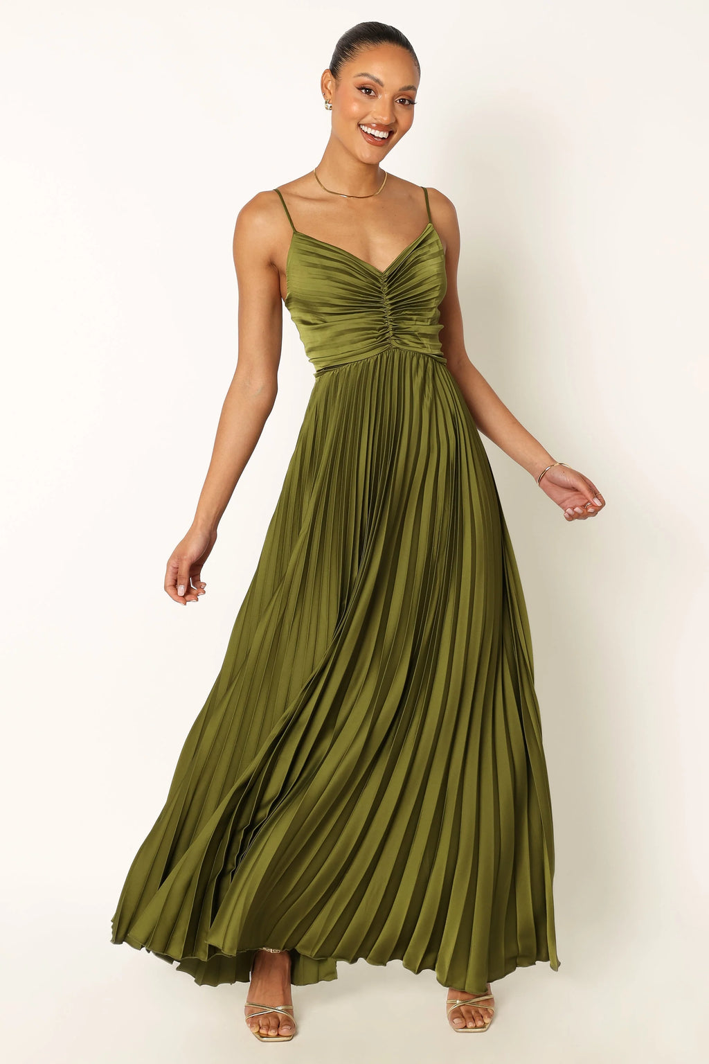 ladiesstreet Naira Pleated Maxi Dress - Palm Green thin adjustable straps soft feel partially lined 100% polyester Masquerade costumes