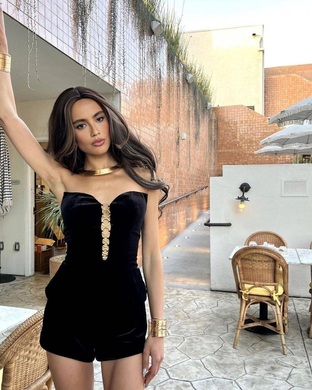 Black Velvet Corset-Style Three-Piece Set with Gold Ring Hardware (Top + Shorts + Gloves)