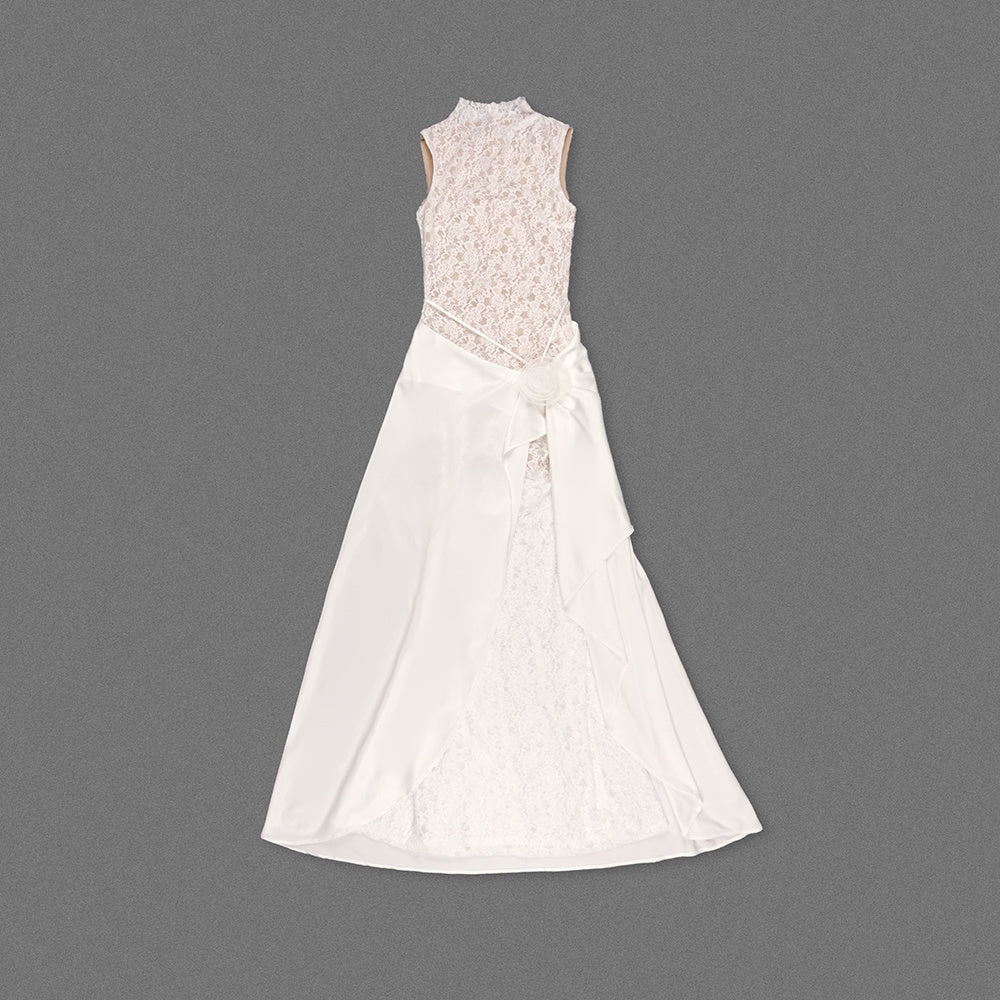 White Lace High-Neck Satin-Accent Evening Gown