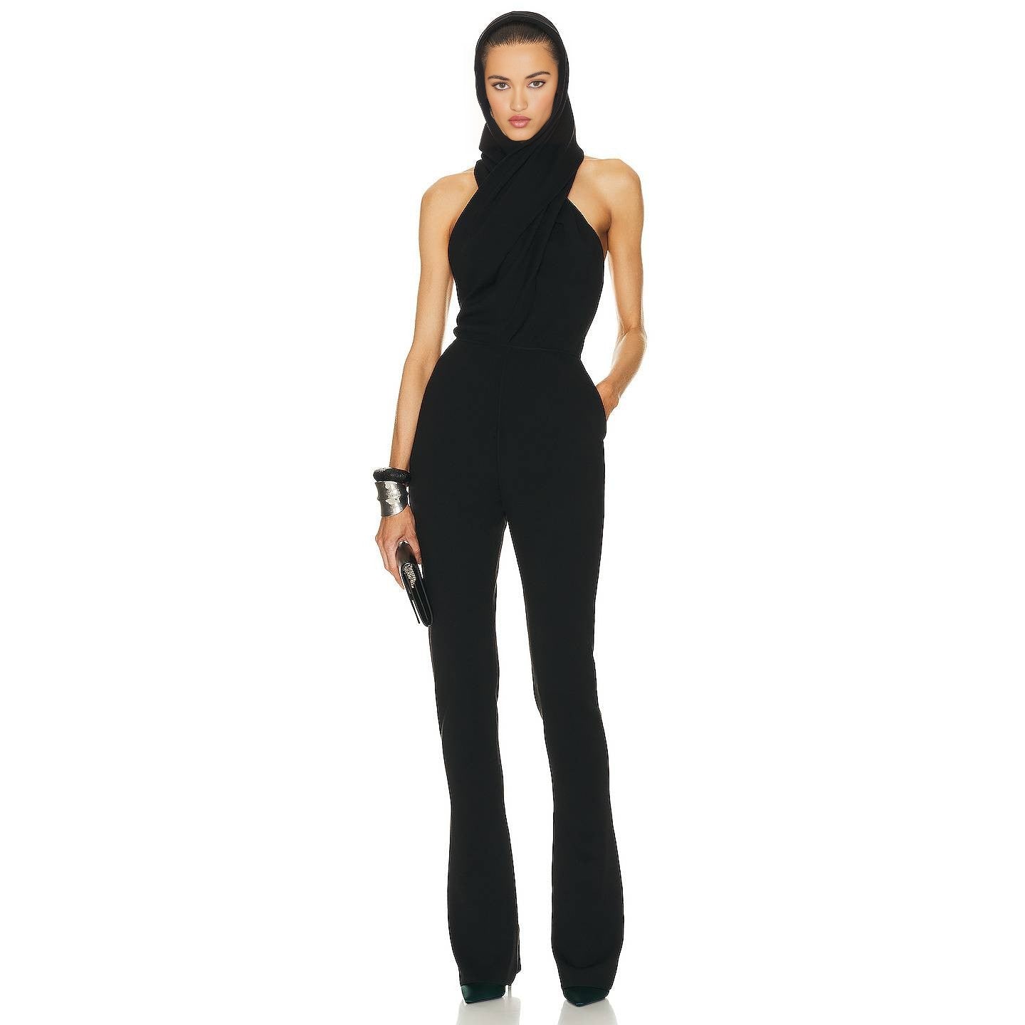 Luxury Black Hooded Halter Backless Wide-Leg Jumpsuit