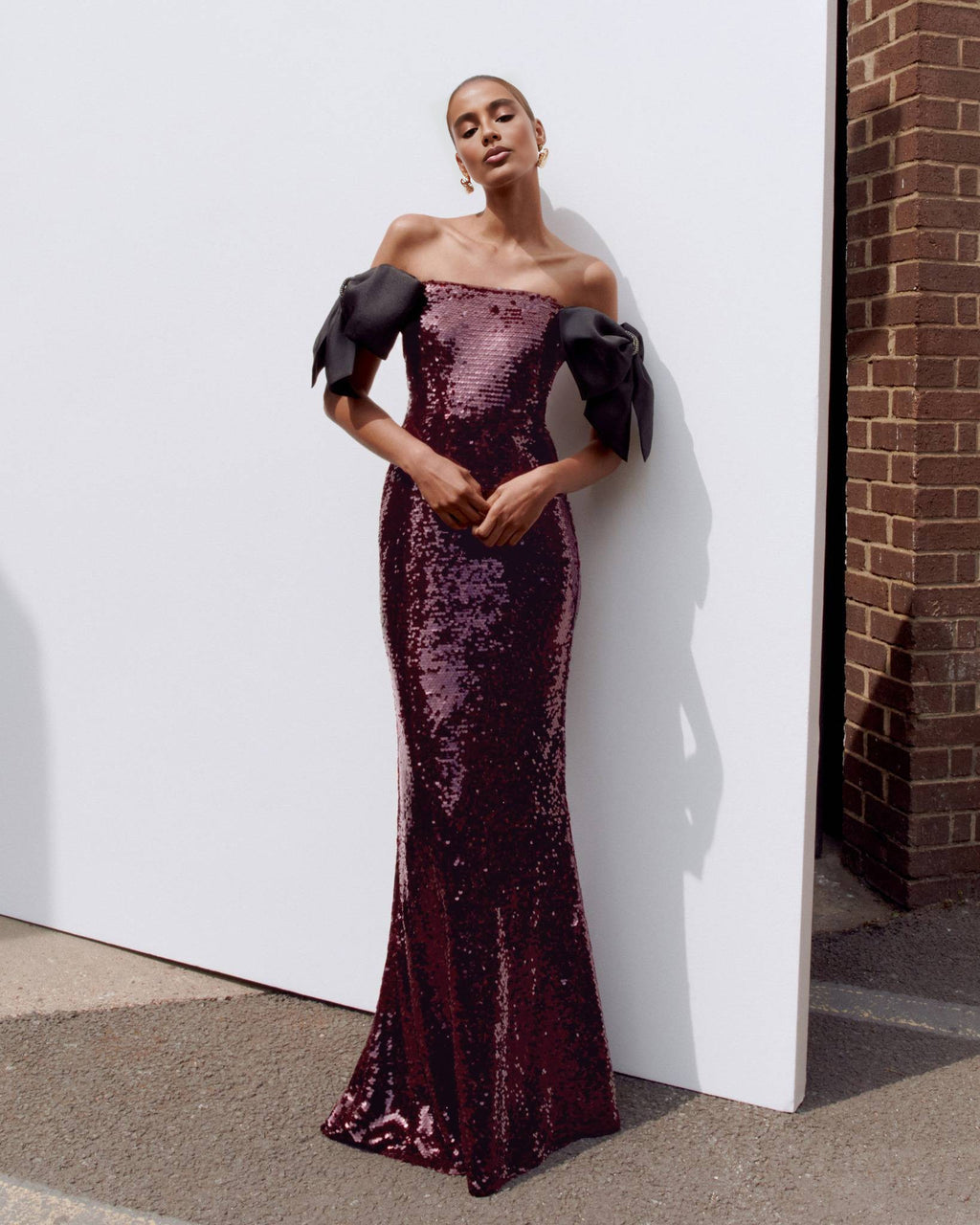 Luxury Burgundy Sequin Off-the-Shoulder Black Bow Mermaid Evening Gown
