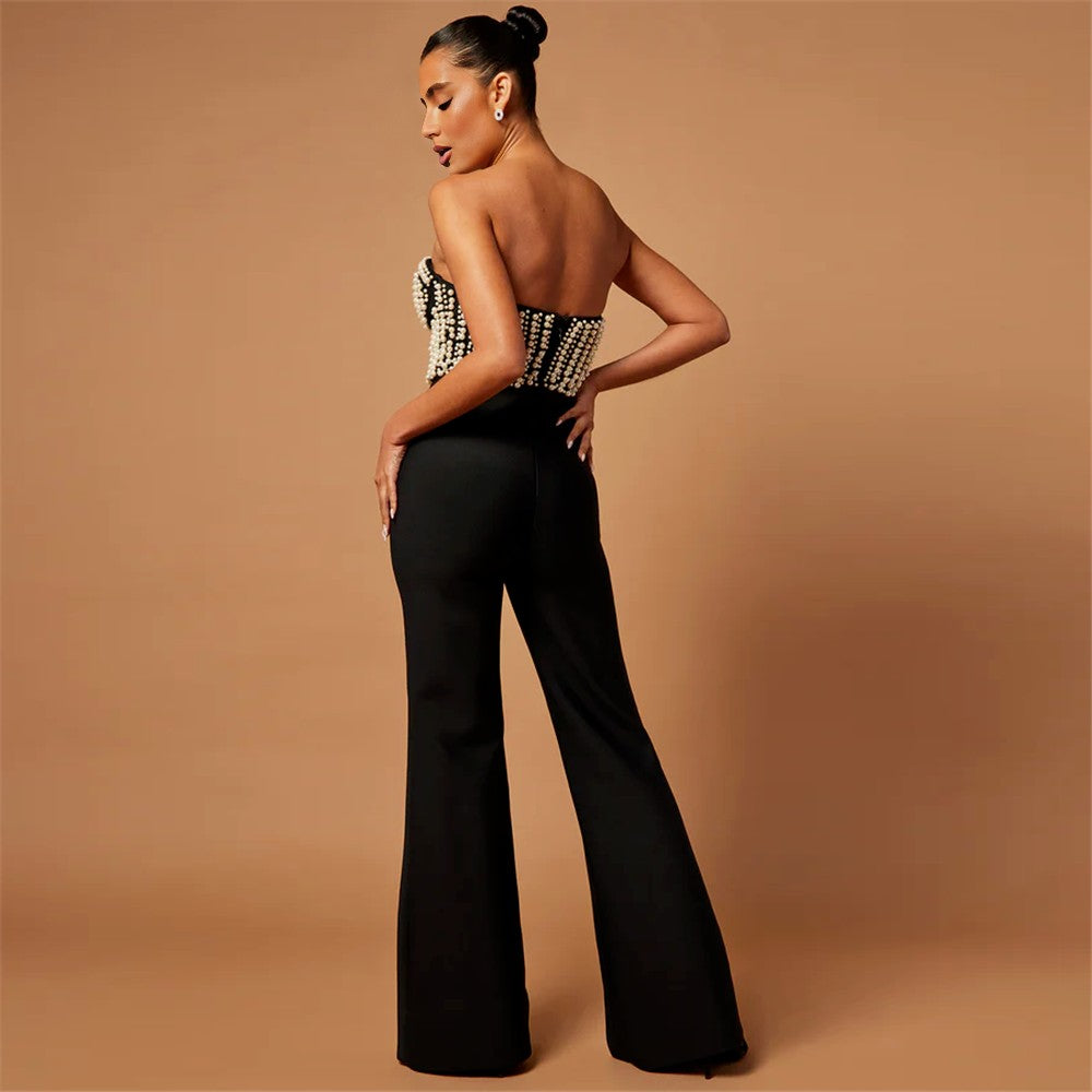 Black Pearl-Embellished Strapless Bustier & Flared Wide-Leg Pants Set