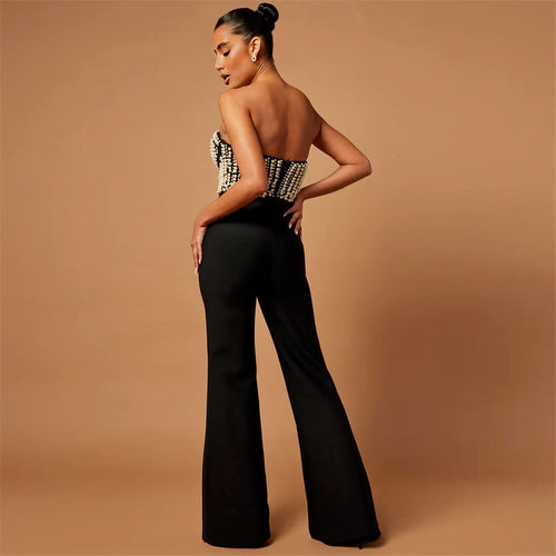 Black Pearl-Embellished Strapless Bustier & Flared Wide-Leg Pants Set