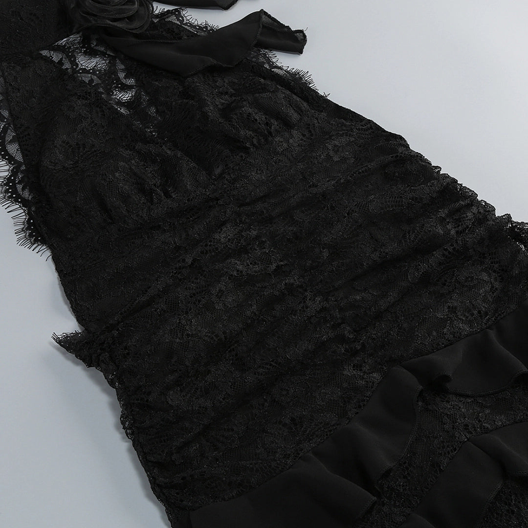 Black Satin A-line Evening Gown with Sweetheart Neckline & Crystals