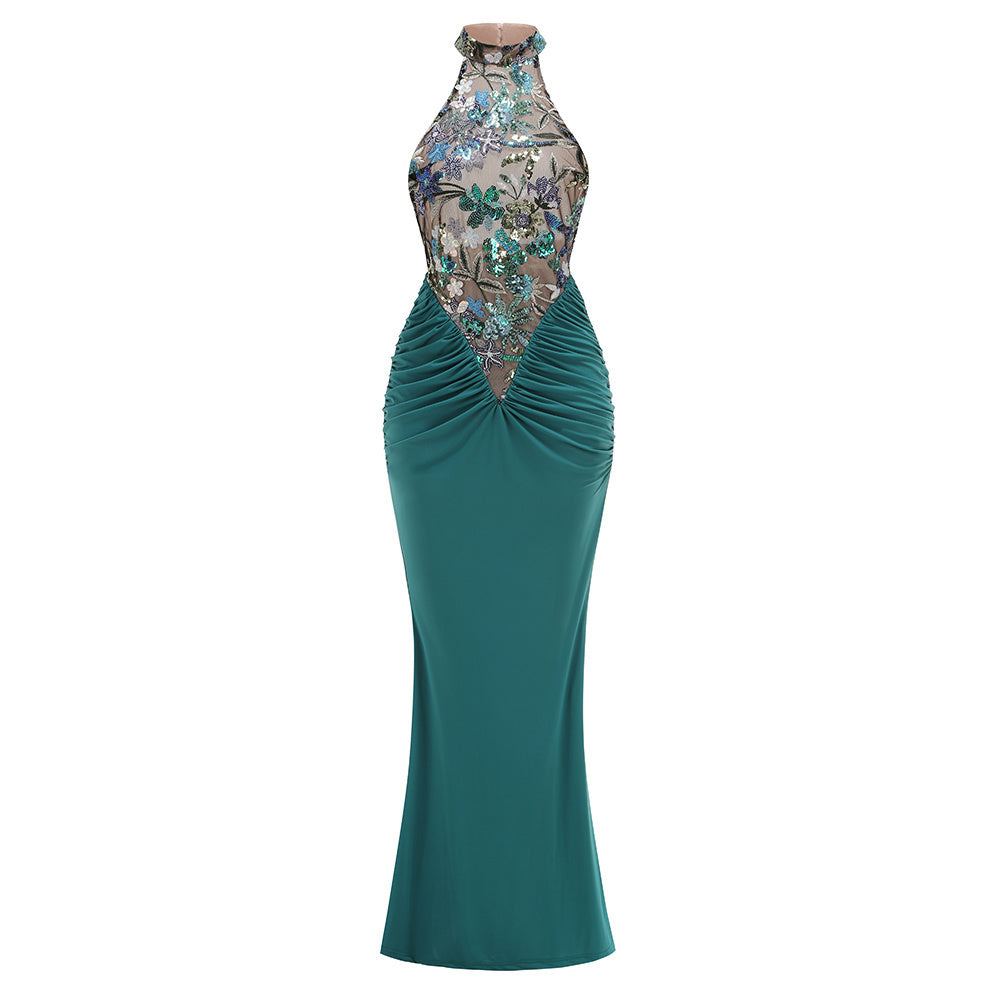 Teal/Pink/Red Halter Neck Floral Sequin Gown