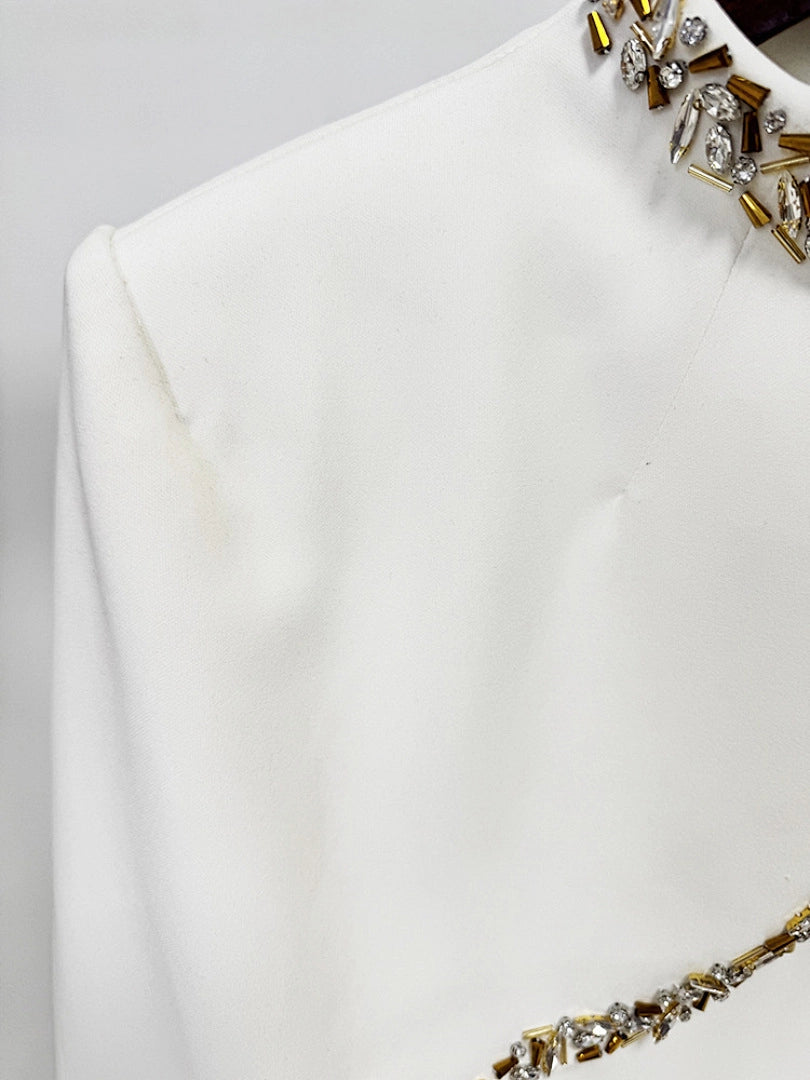 Navy Blue Satin Evening Gown with Crystal Embellishments & Sweetheart Neckline