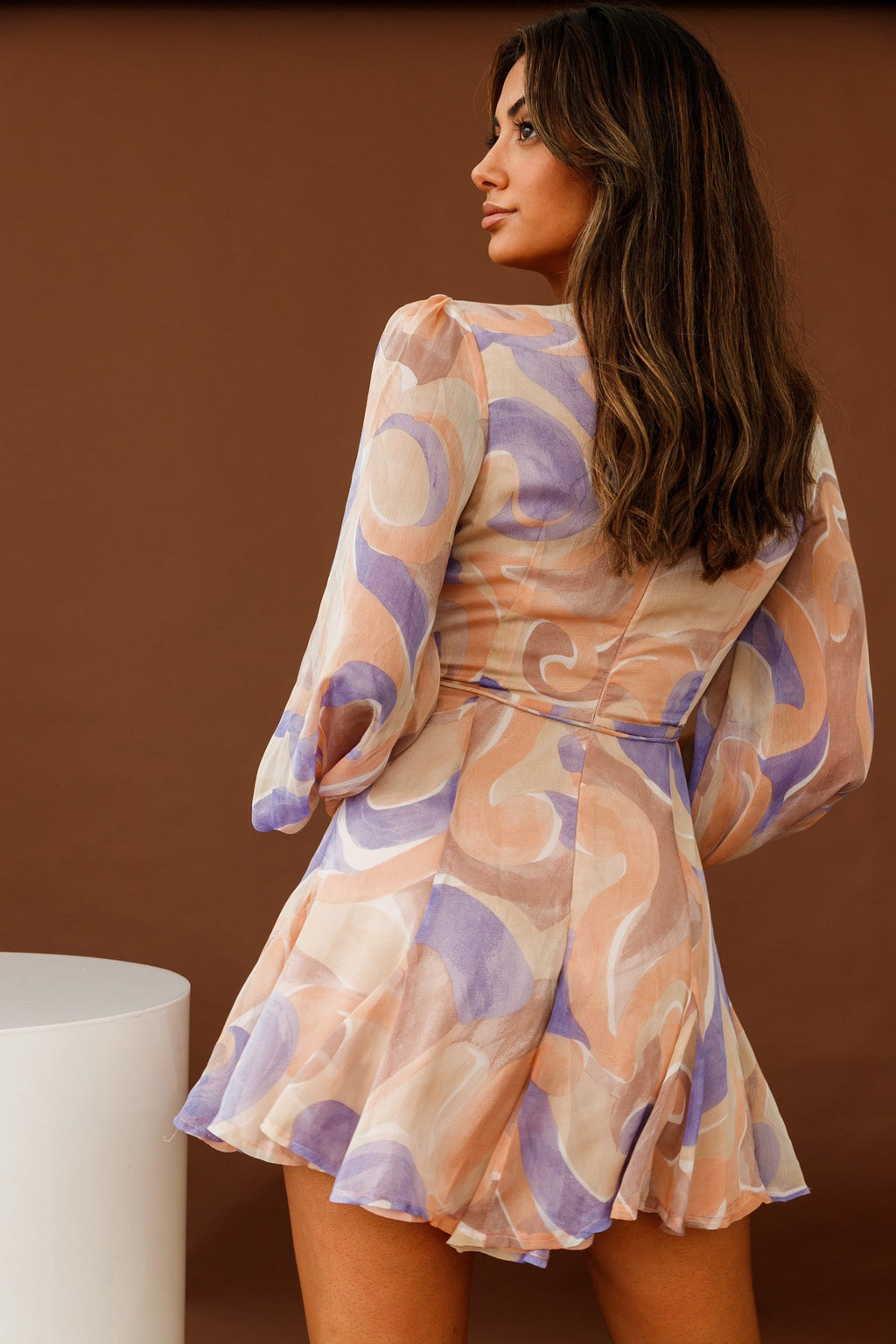 Estelle Long Sleeve V-Neckline Dress Swirl Print Nude/Purple by Selfie Leslie