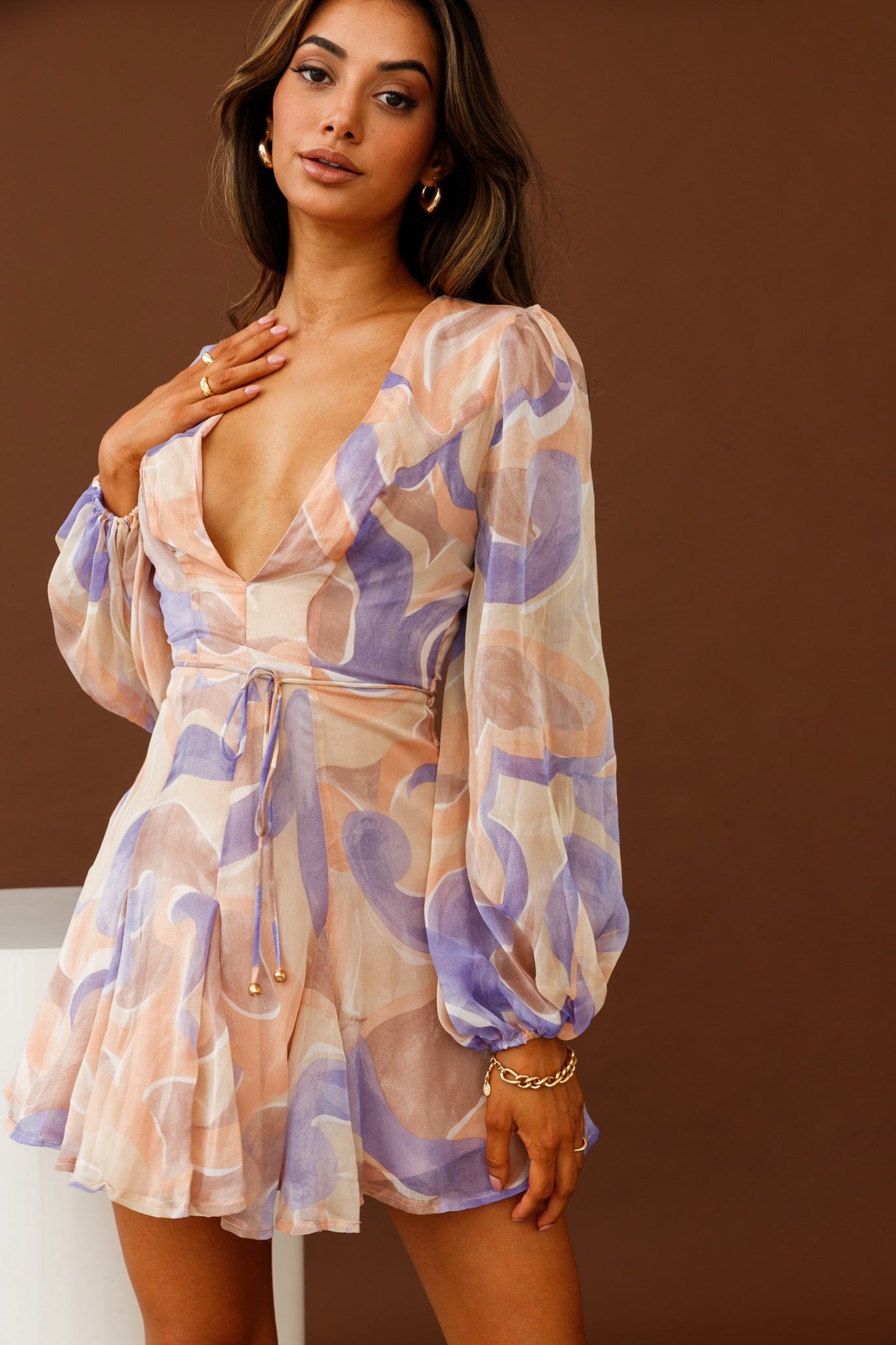 Estelle Long Sleeve V-Neckline Dress Swirl Print Nude/Purple by Selfie Leslie