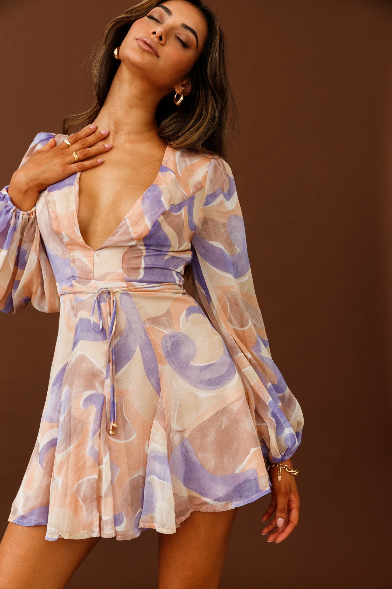 Estelle Long Sleeve V-Neckline Dress Swirl Print Nude/Purple by Selfie Leslie