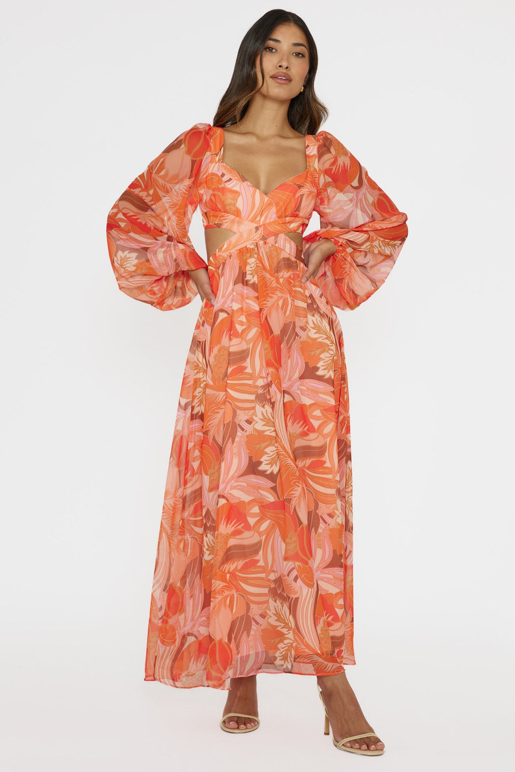 Maura Long Sleeve Lace-Up Back Dress Floral Orange by Selfie Leslie