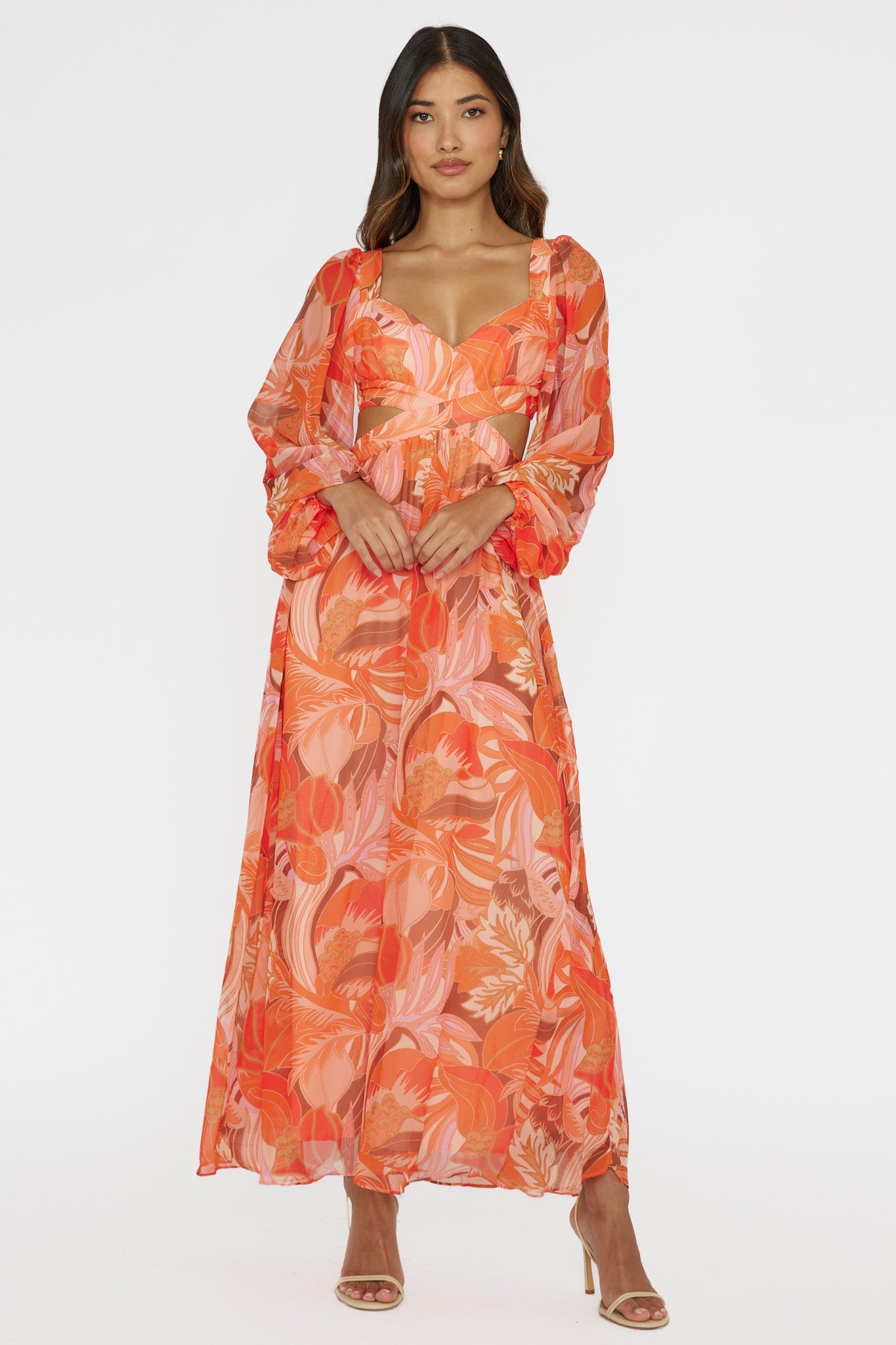 Maura Long Sleeve Lace-Up Back Dress Floral Orange by Selfie Leslie