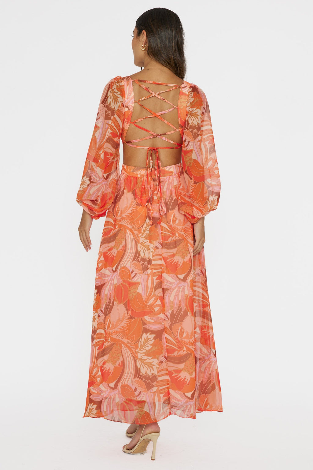 Maura Long Sleeve Lace-Up Back Dress Floral Orange by Selfie Leslie