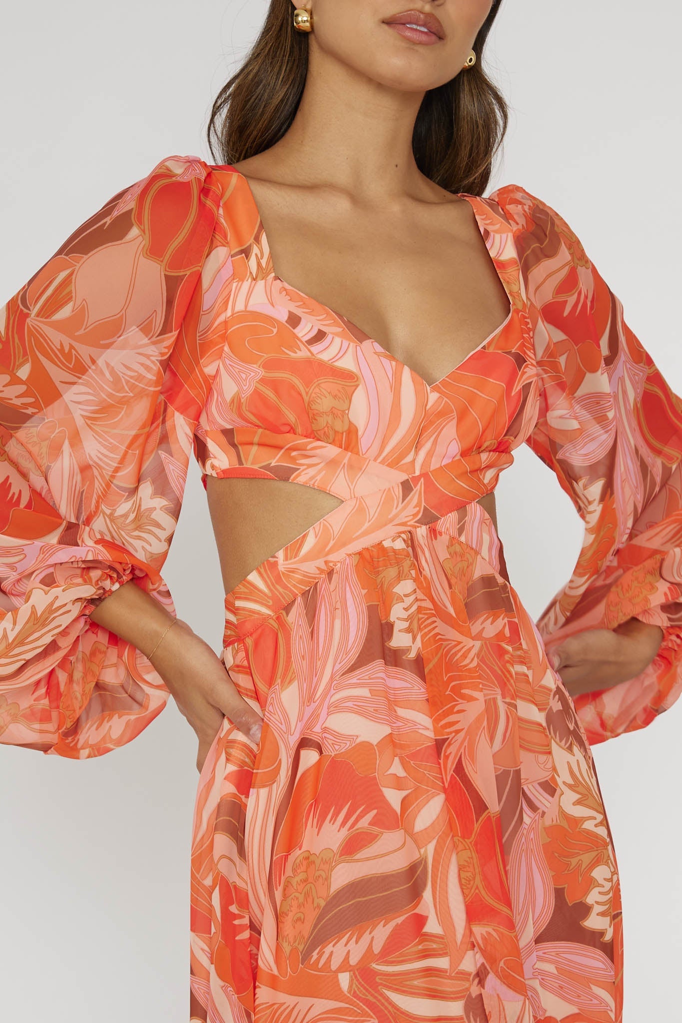 Maura Long Sleeve Lace-Up Back Dress Floral Orange by Selfie Leslie