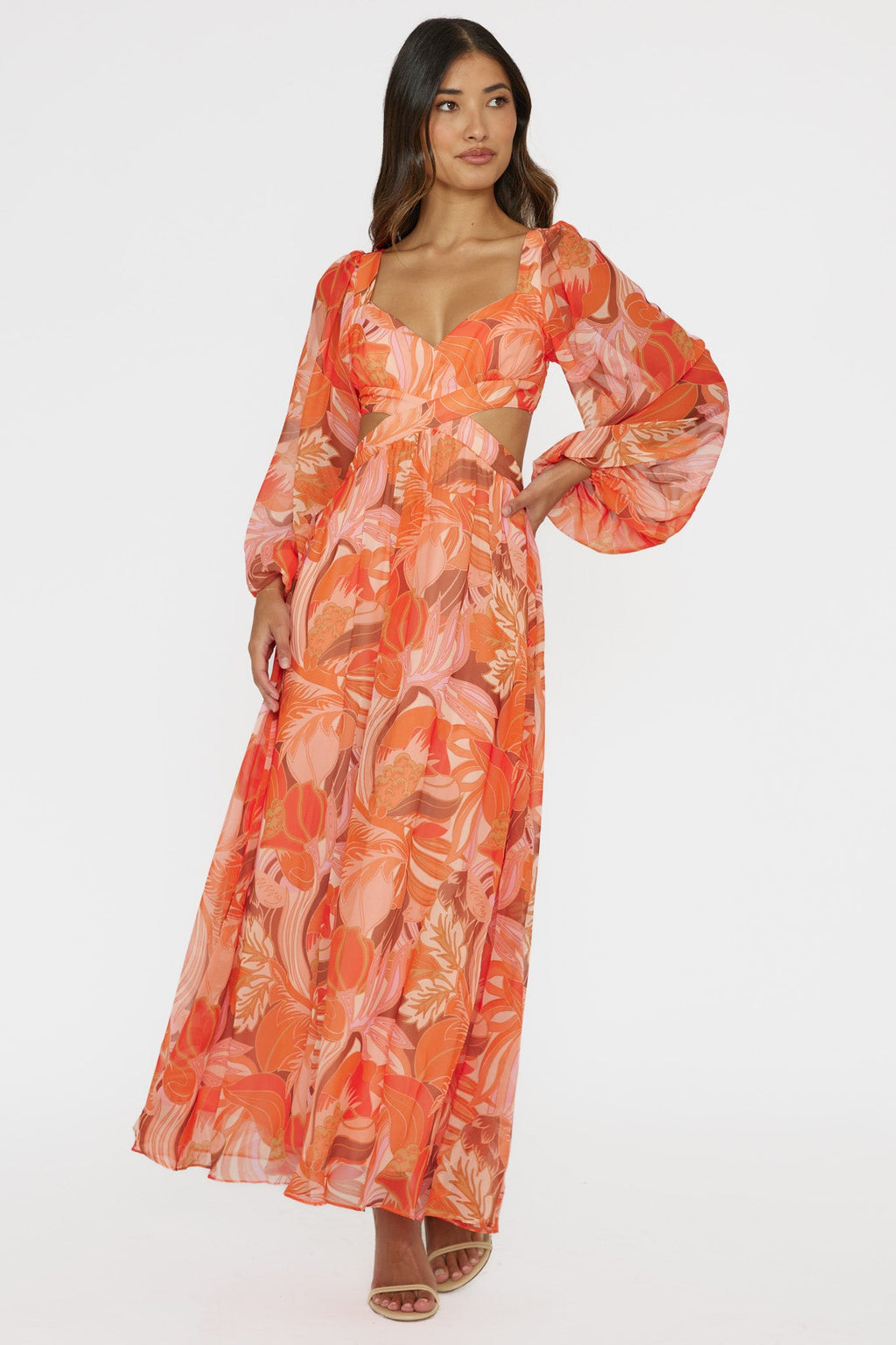 Maura Long Sleeve Lace-Up Back Dress Floral Orange by Selfie Leslie