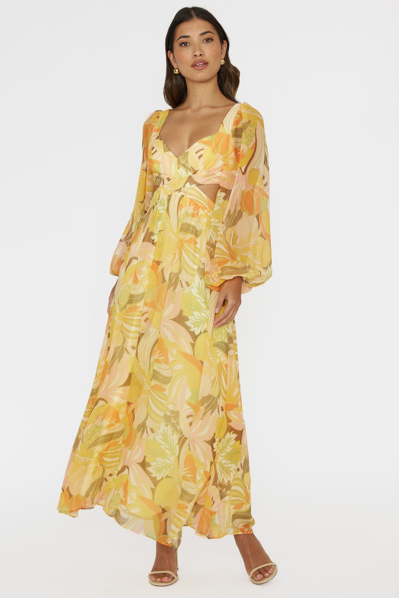 Maura Long Sleeve Lace-Up Back Dress Floral Yellow by Selfie Leslie