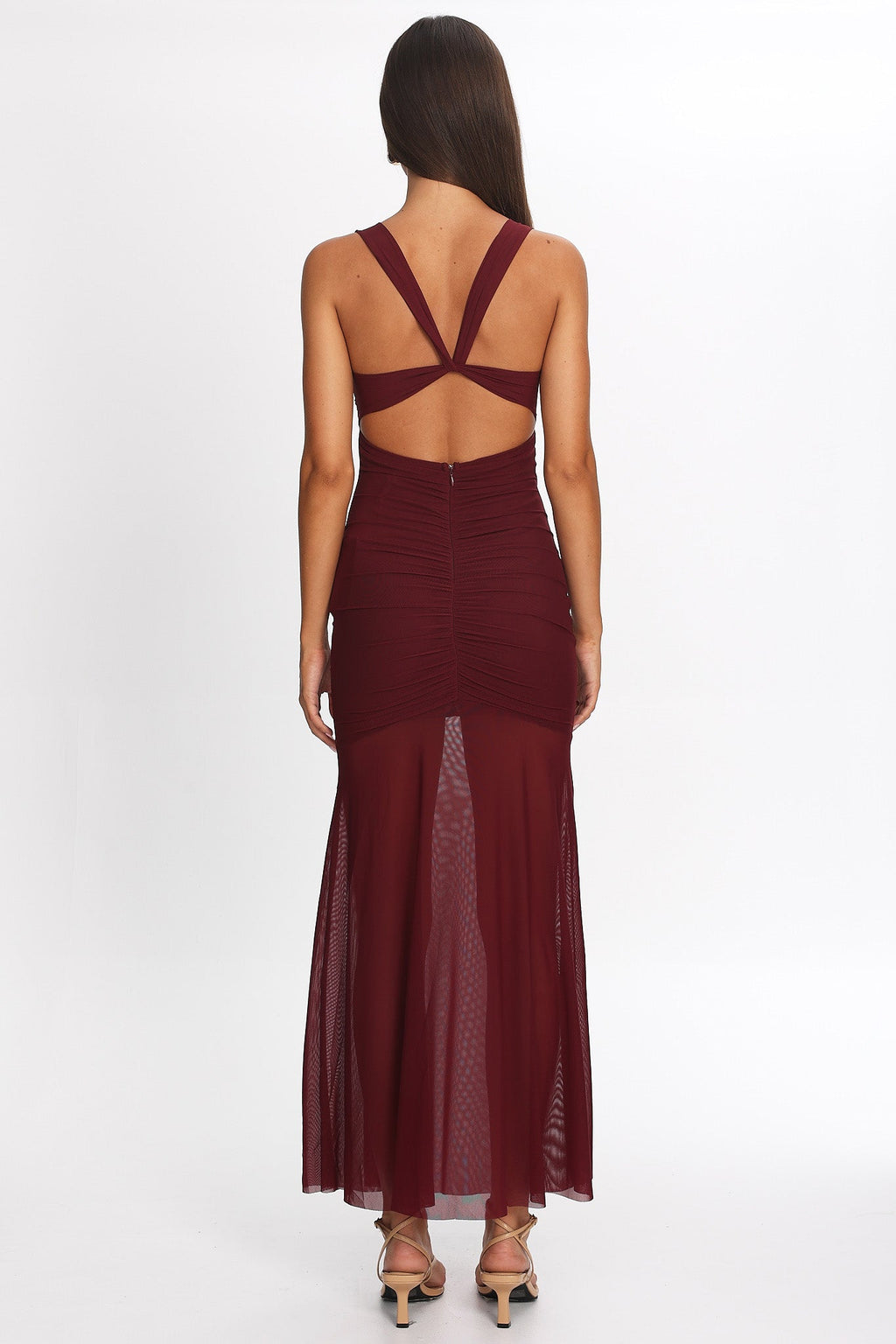Sade Sheer Panel Ruched Maxi Dress Wine by Selfie Leslie