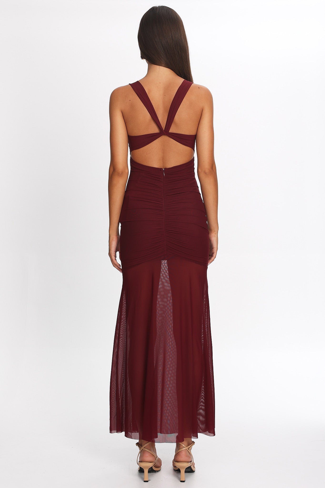 Sade Sheer Panel Ruched Maxi Dress Wine by Selfie Leslie