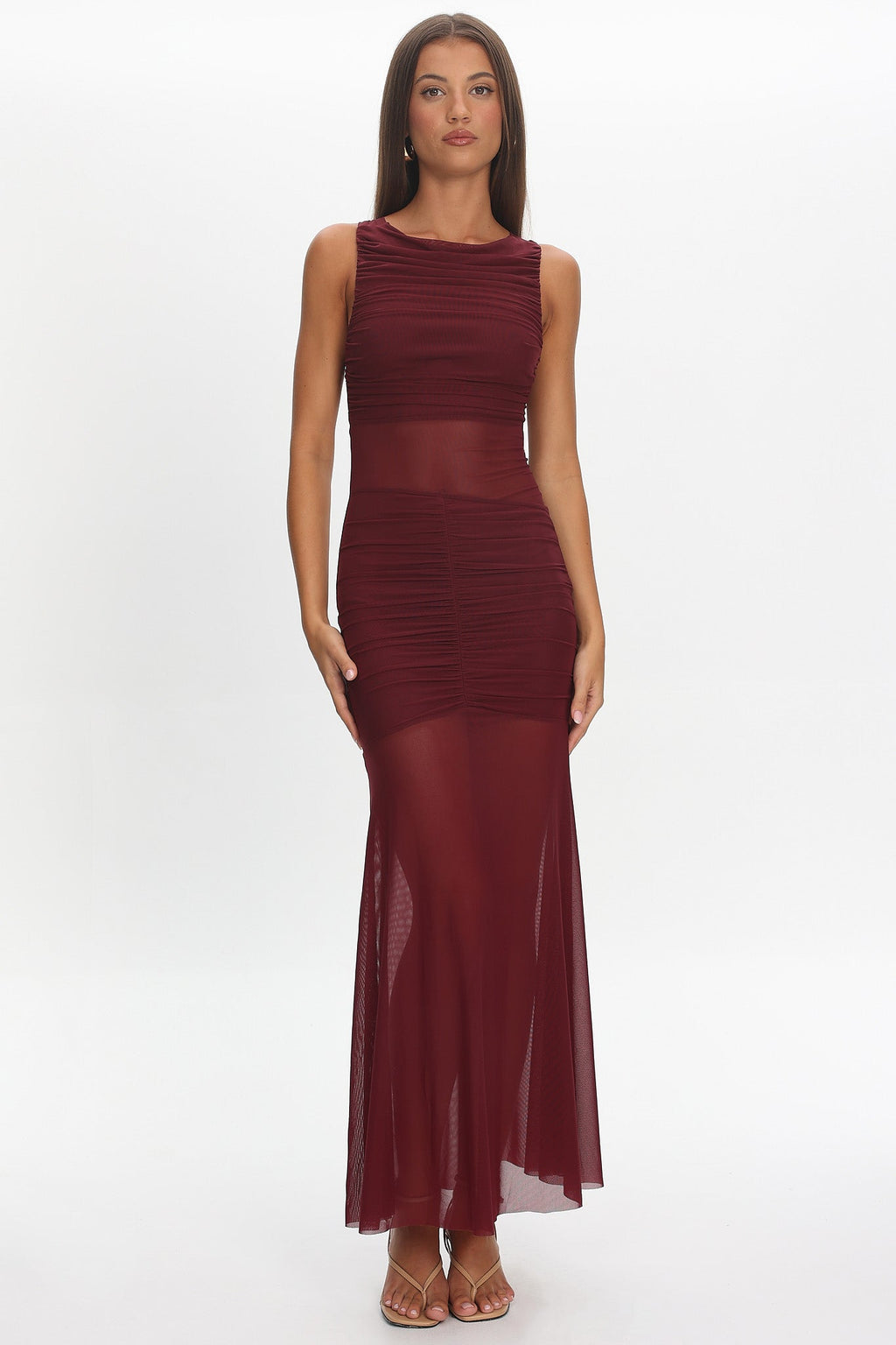 Sade Sheer Panel Ruched Maxi Dress Wine by Selfie Leslie