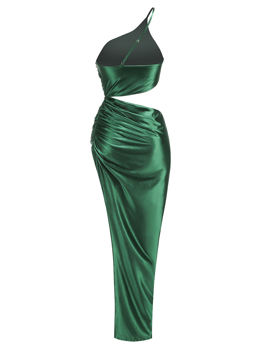 Emerald Satin One-Shoulder Cutout Gown