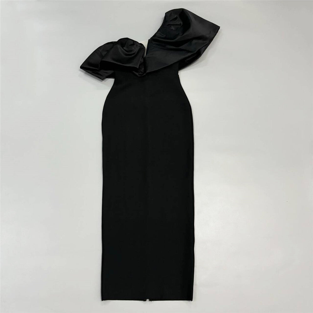 Black Velvet One-Shoulder Oversized Ruffle Gown