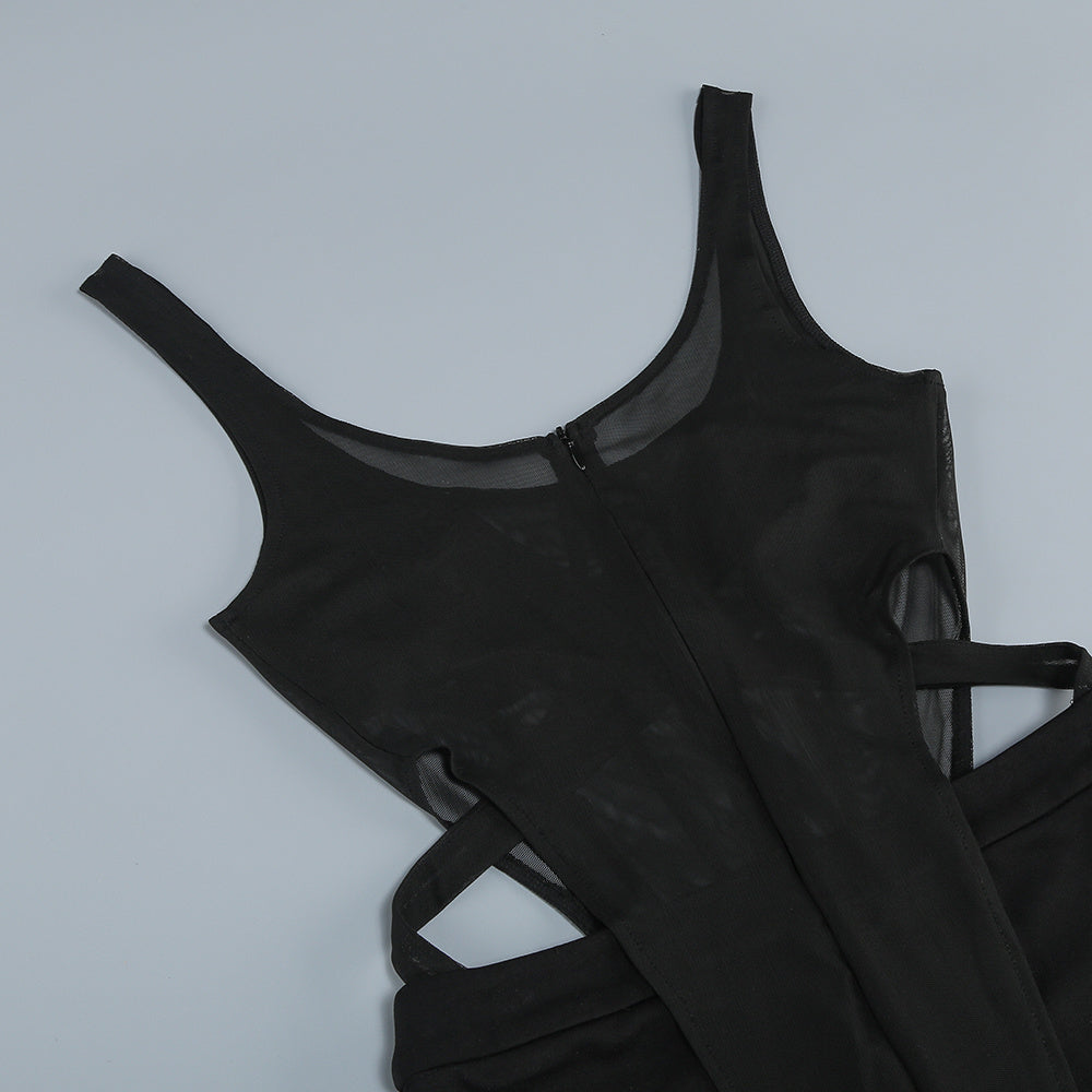 Black Sheer Mesh Corset-Style Skinny Jumpsuit with Cutout Sides