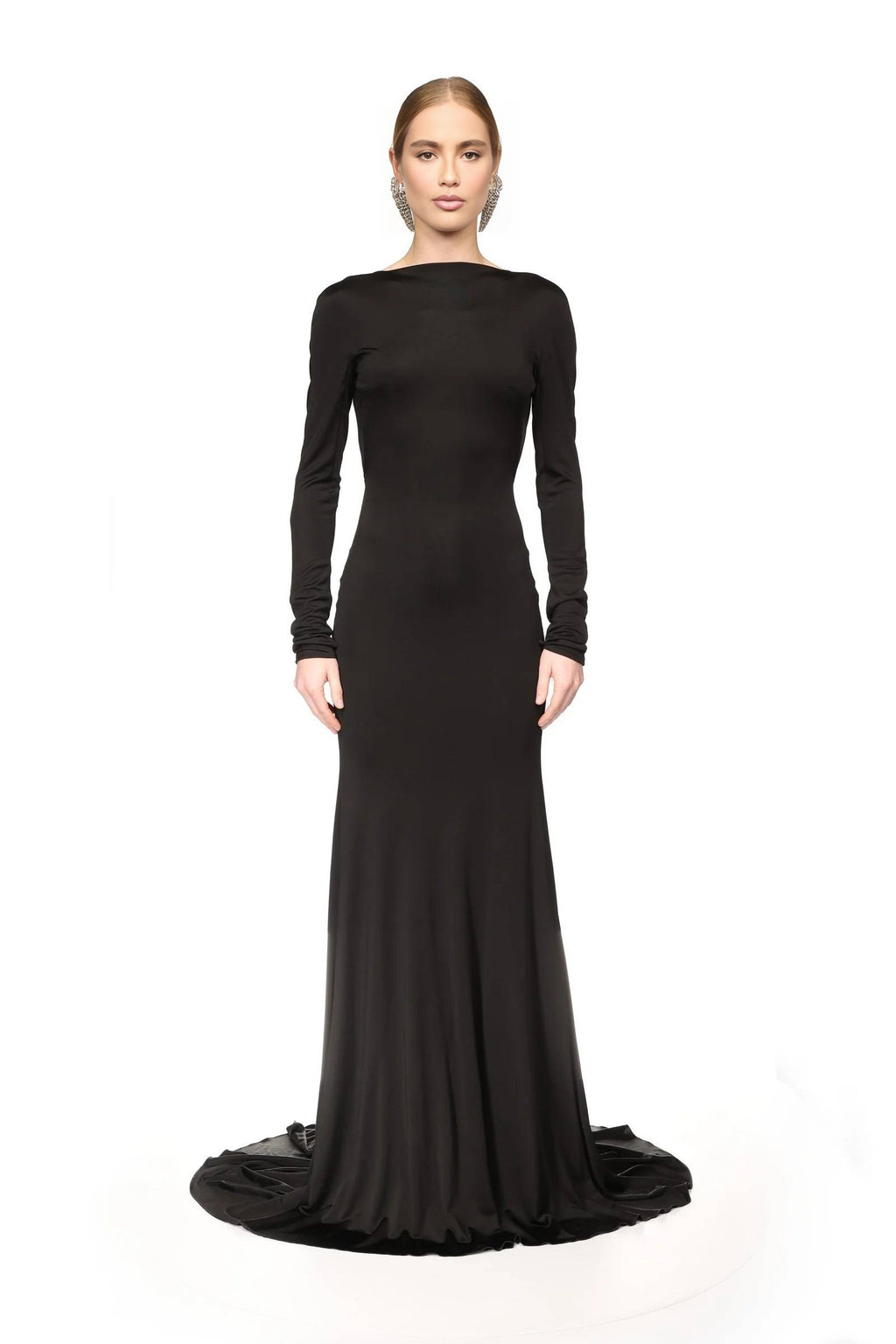 Black Long-Sleeve Deep V Back Mermaid Gown