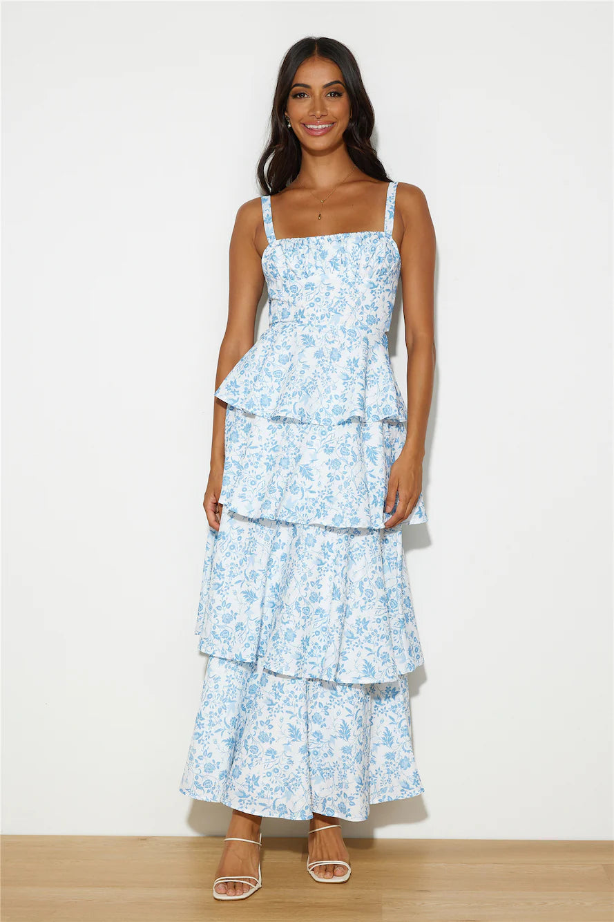 Energetic and fun printed maxi dress; a relaxed, vacation-style dress.