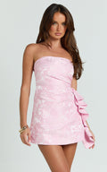 Laila Mini Dress - Jacquard Strapless Fit And Flare Dress in Pink