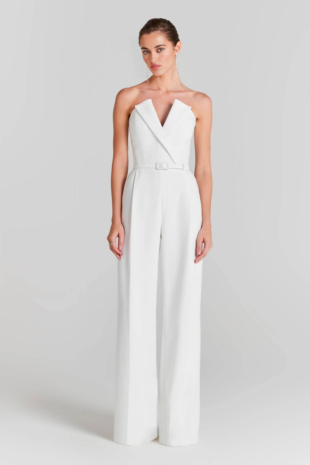 White Strapless Wide-Leg Jumpsuit with Pearl-Embellished Mesh Bodysuit Set