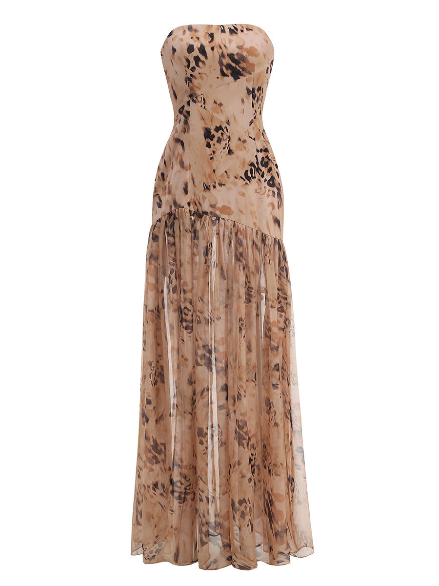 Leopard Print Strapless Sheer Maxi Gown