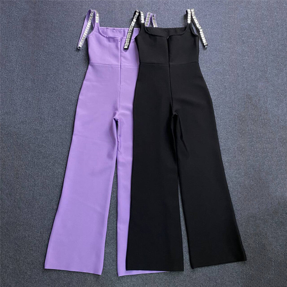 Crystal-Embellished Square Neck Wide-Leg Jumpsuit (Black & Purple)