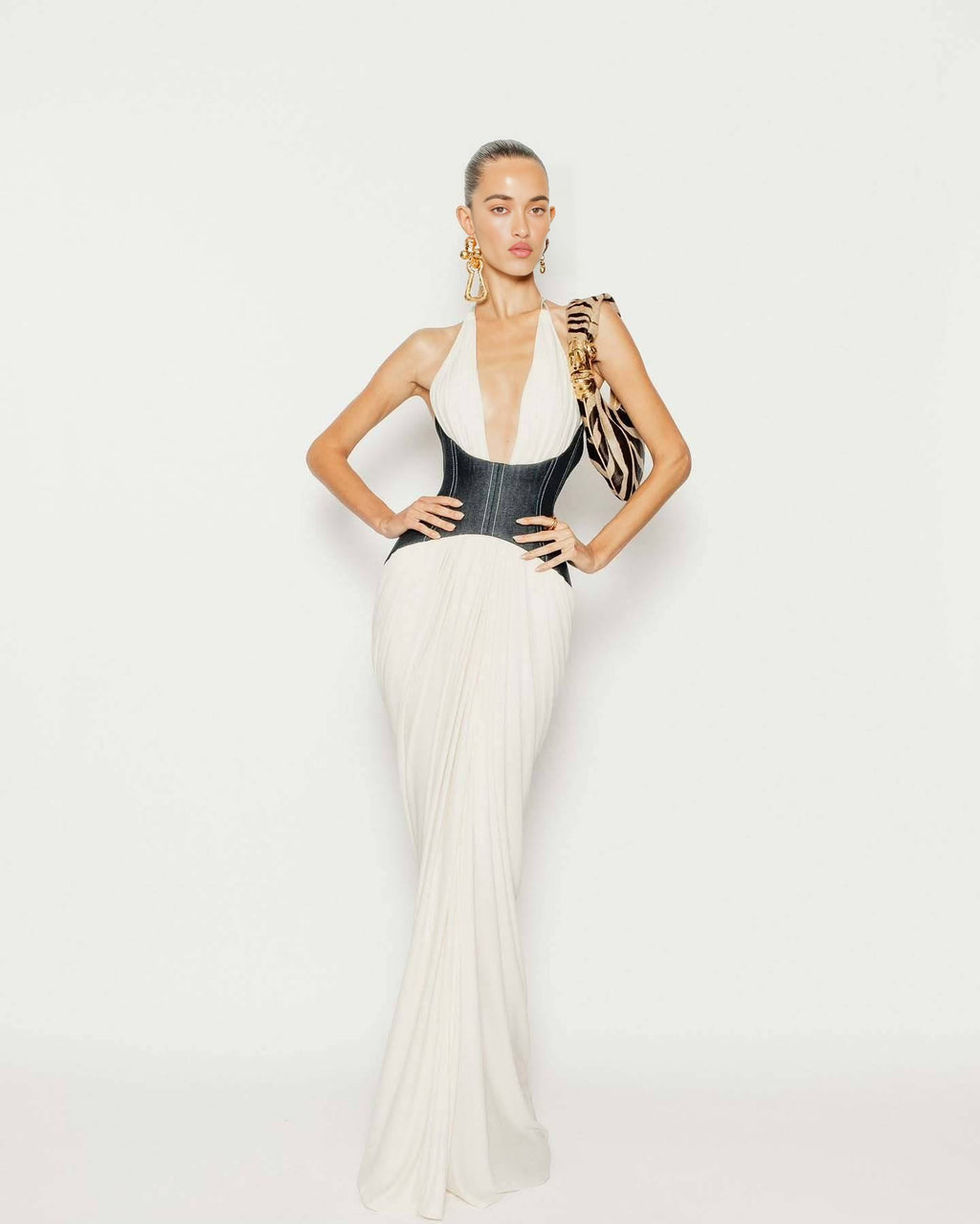 White Halter Deep V Denim Corset Draped Maxi Gown