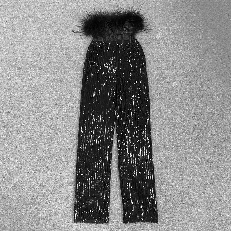 Black Feather-Trimmed Corset Top & Sequin Wide-Leg Pants Set with Crystal Belt