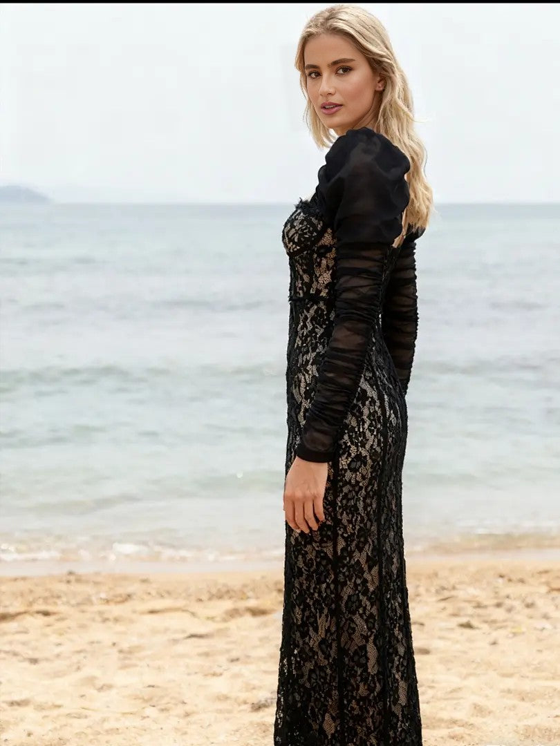 Black Sequin Mermaid Evening Gown, Off-Shoulder Floor-Length