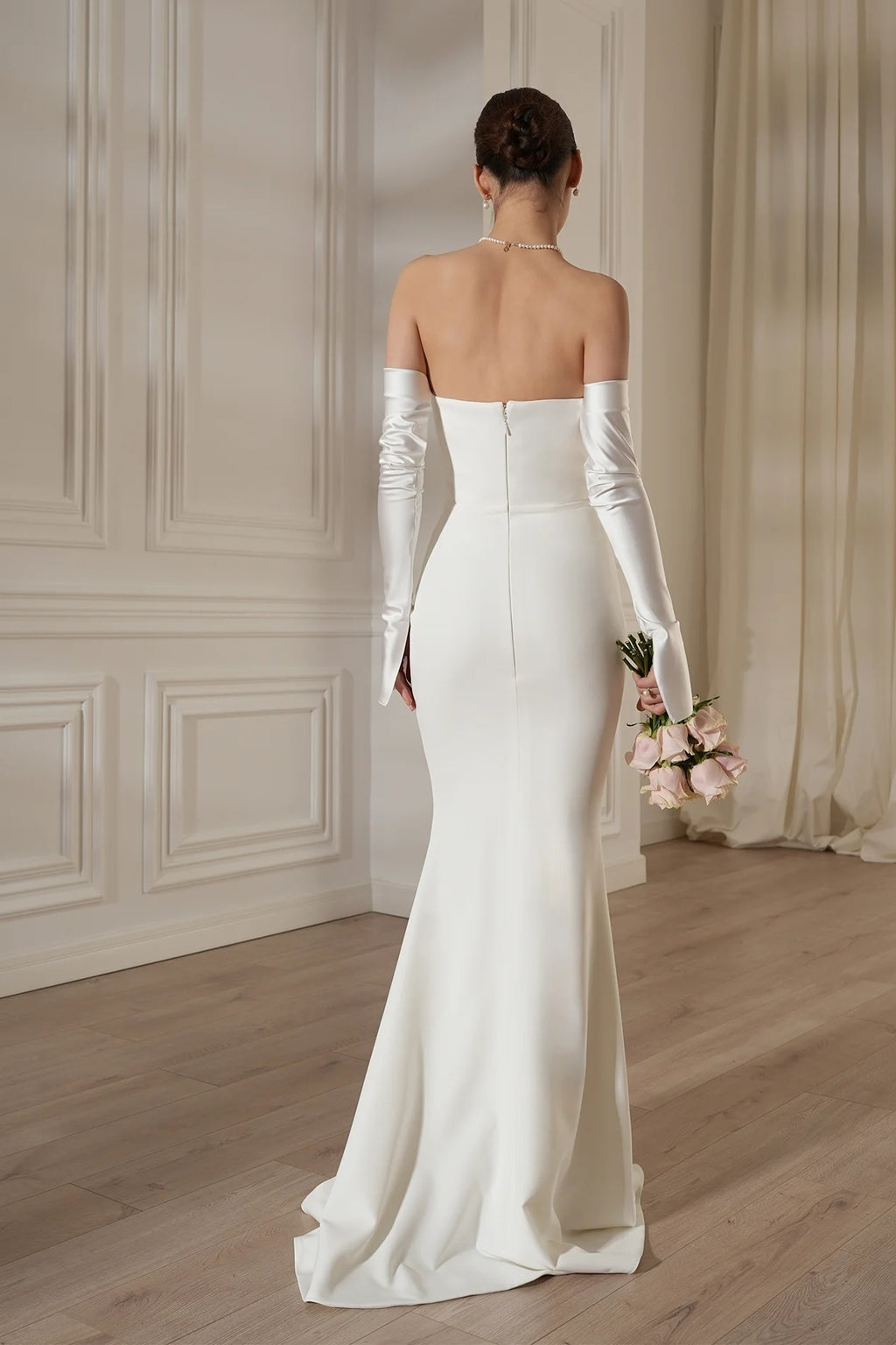 Ivory Satin Off-Shoulder Mermaid Wedding Gown