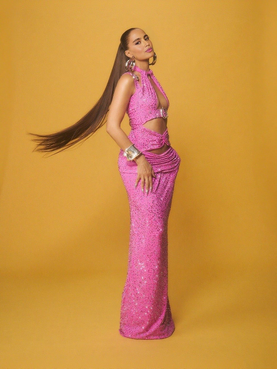 Luxury Hot Pink Rhinestone Halter Neck Cutout Evening Gown