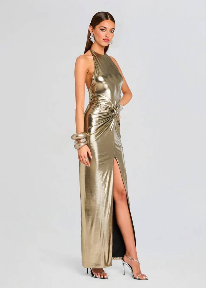 Metallic Champagne Gold Halter Backless Twist-Ruched Mermaid Gown