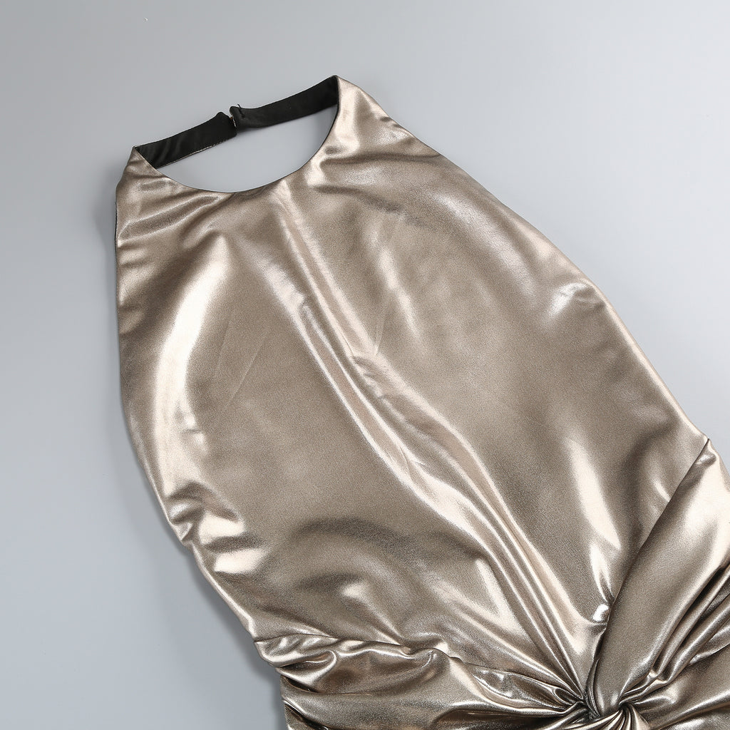 Metallic Champagne Gold Halter Backless Twist-Ruched Mermaid Gown