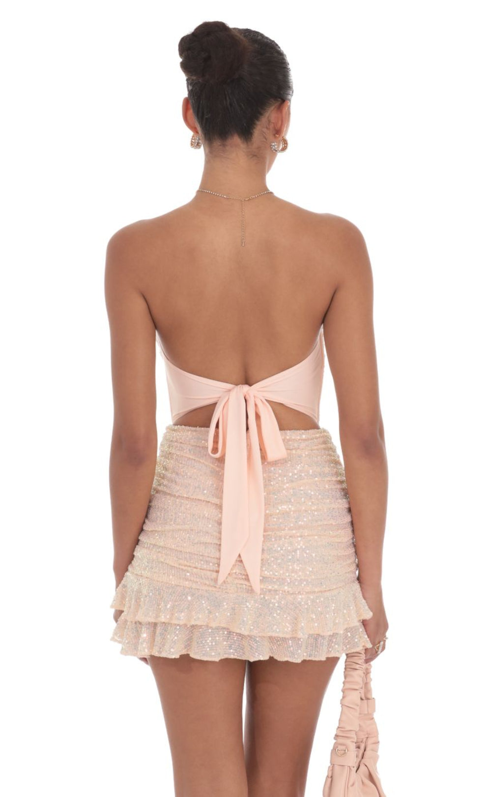 Pleated sequined peach pink skirt, a sweet yet edgy short skirt