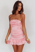 Annabella Strapless Tied Back Frill Hem Mini Dress Baby Pink
