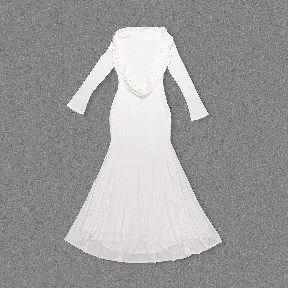 White One-Shoulder Drape-Back Maxi Gown