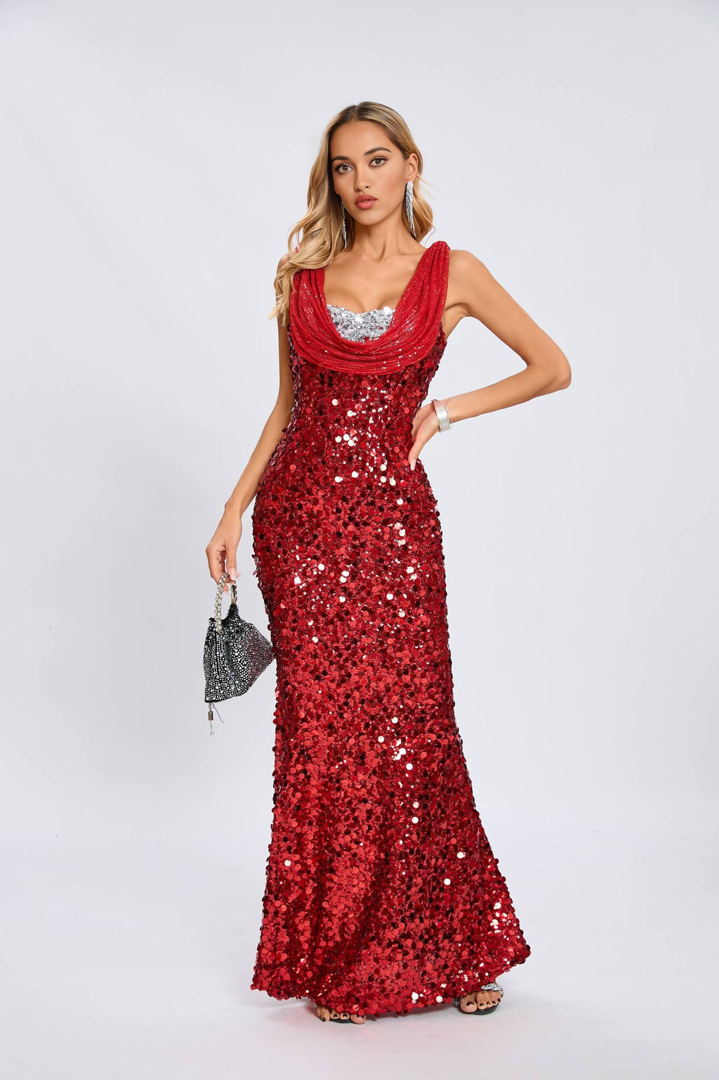 Crimson Sequin Cowl-Neck Gown