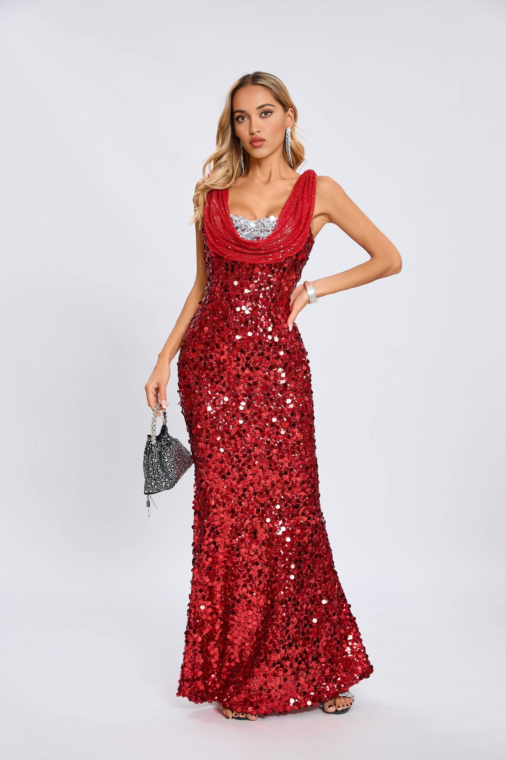 Crimson Sequin Cowl-Neck Gown