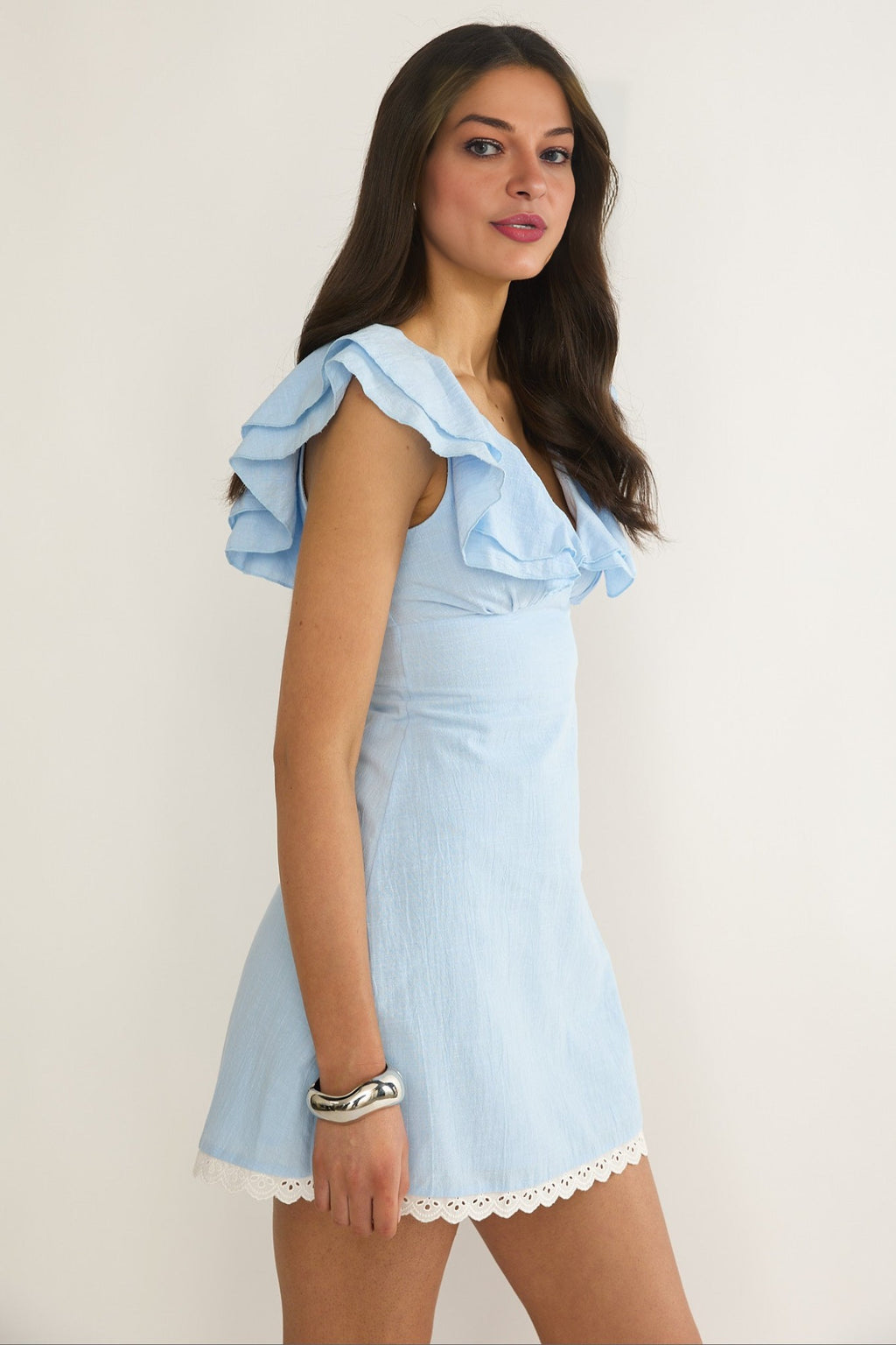 Elegeleges Layered Ruffle Neckline Mini Dress Blue