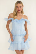 Elegeleges Off-Shoulder Ruffle Mini Dress Sky Blue