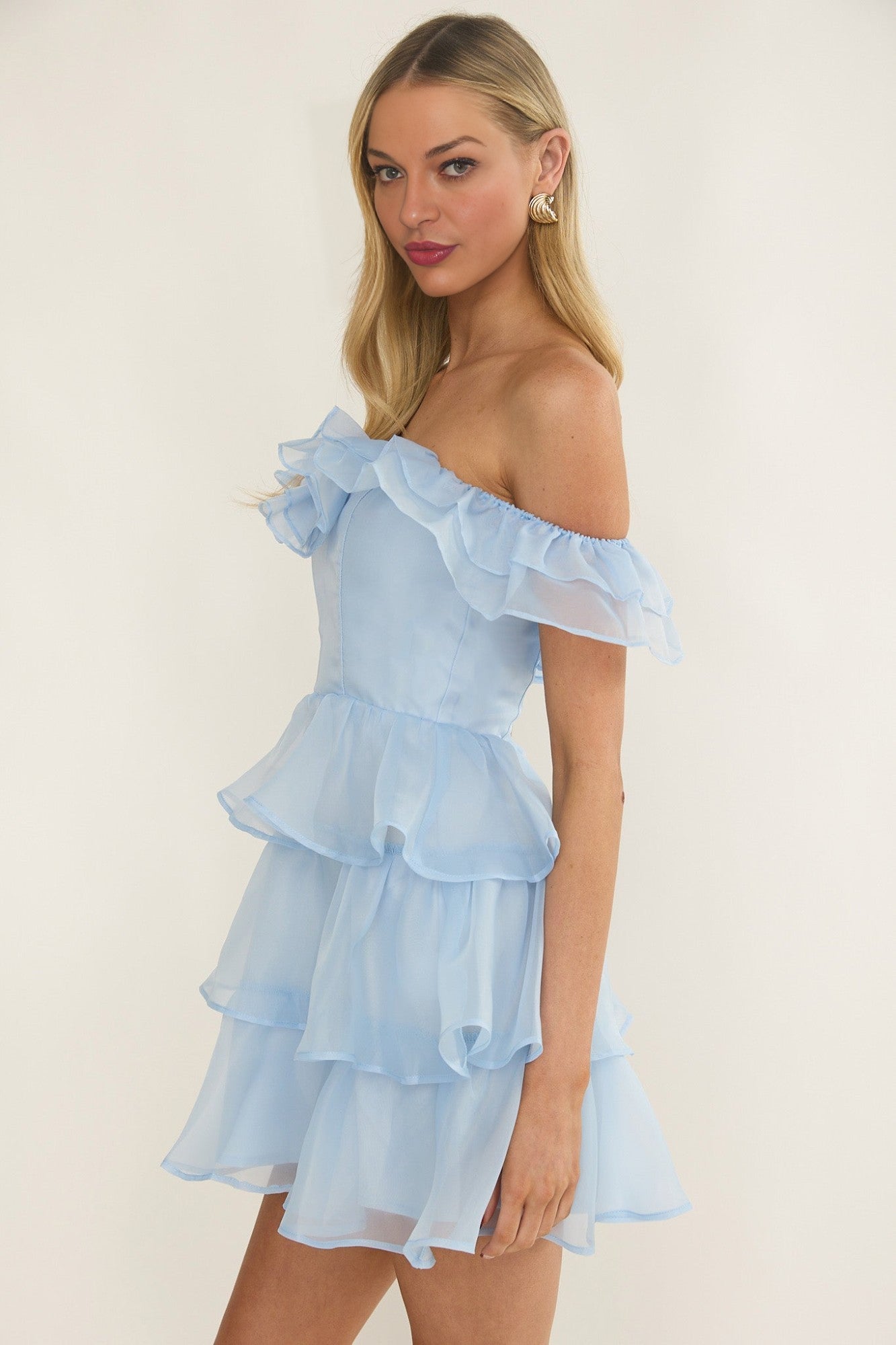 Elegeleges Off-Shoulder Ruffle Mini Dress Sky Blue
