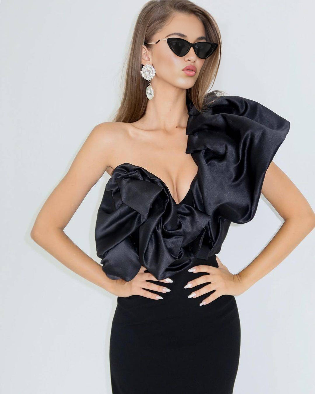Black Velvet One-Shoulder Oversized Ruffle Gown