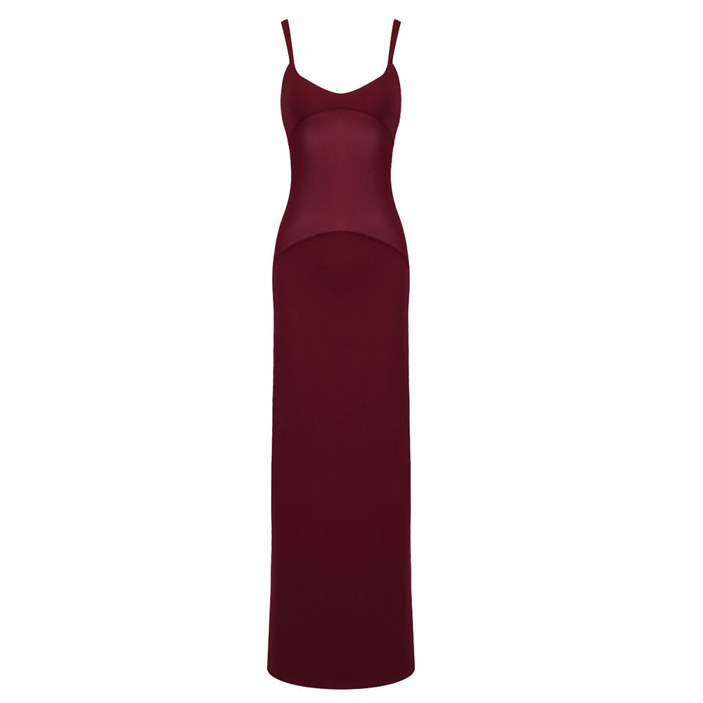 Burgundy Sheer Panel Cami Gown